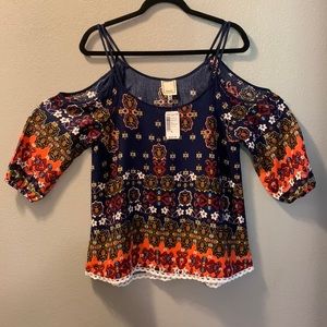 Colorful love culture cold shoulder blouse